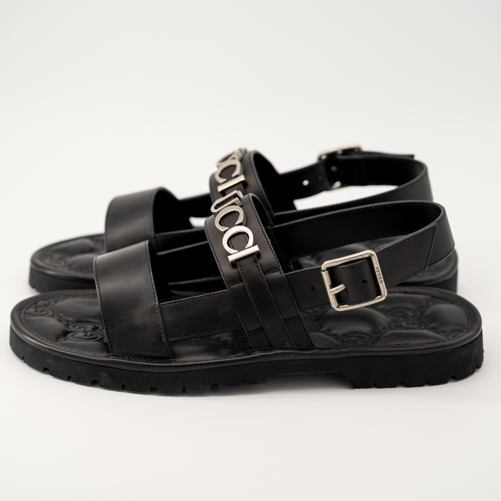 size 11G 11.5 US Gucci Leather Sandals Black Silver Logo Strap Buckle - Picture 4 of 12